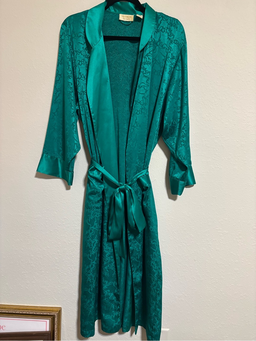 Vintage Victoria Secret Gold Label Long Satin Emerald Robe